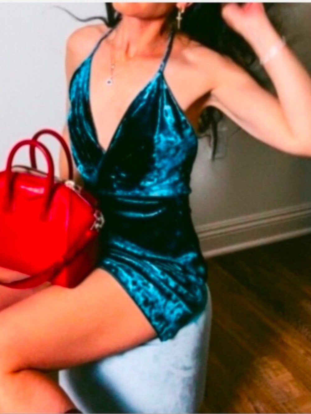 Teal Velvet Halter Mini Dress - Women's Party Dress